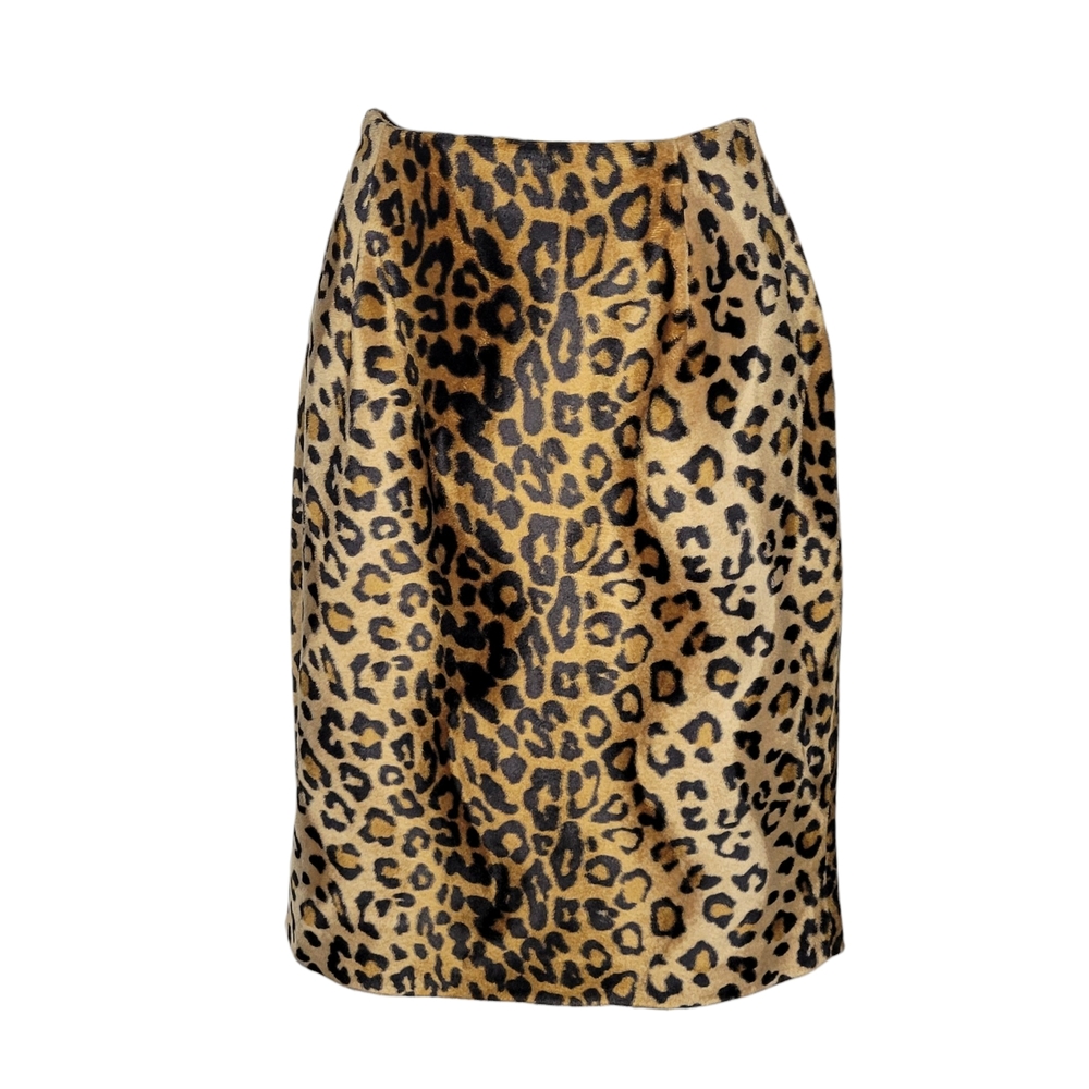 Vintage 90s Rena Rowan Faux Fur Leopard Print Midi Pencil Skirt Size 6 Petite